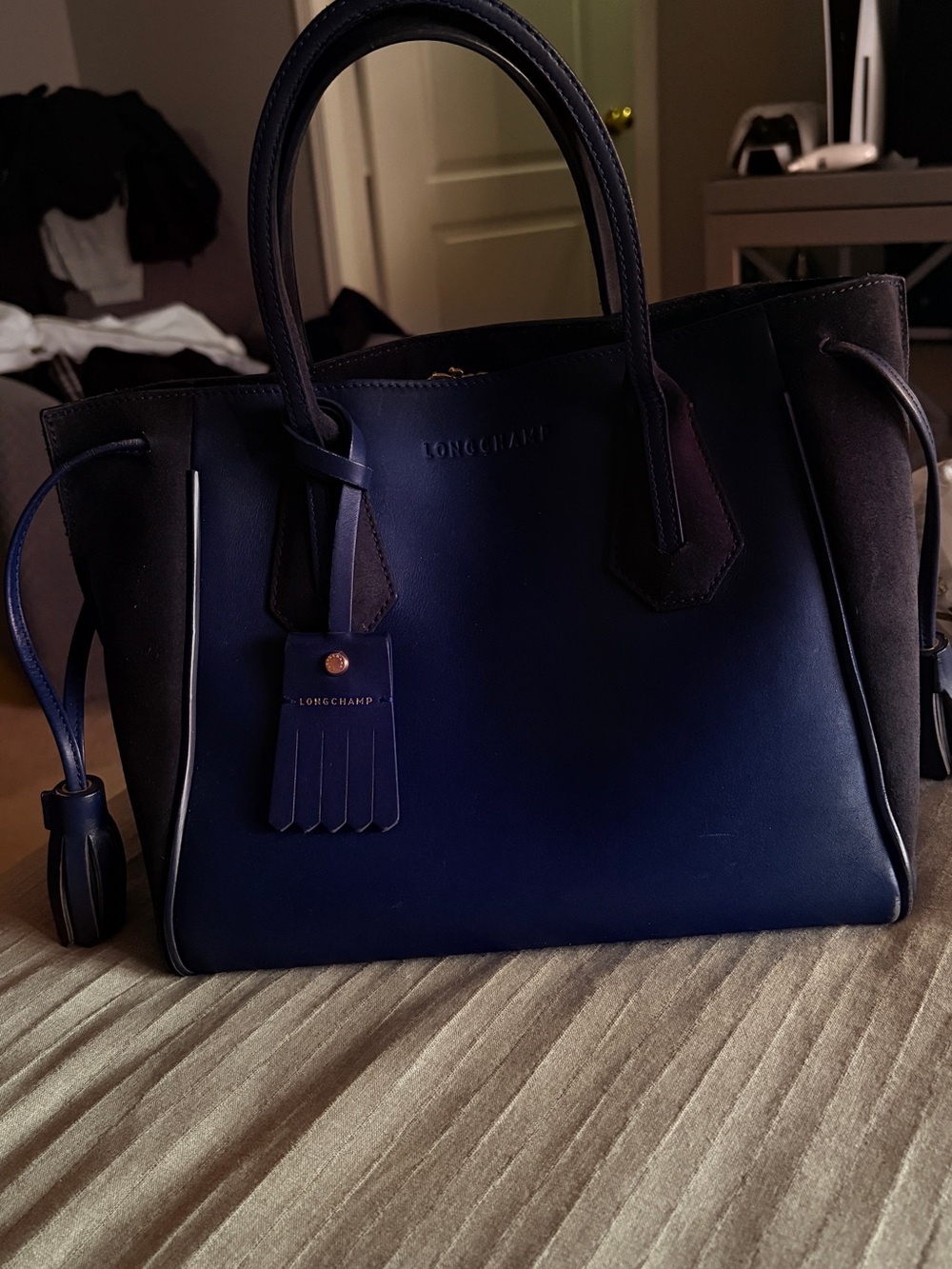 Longchamp Navy and Leather and Suede tote